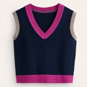 Boden Womens Navy Blue Pink Colorblock V-Neck Knit Sweater Vest | Size XL
